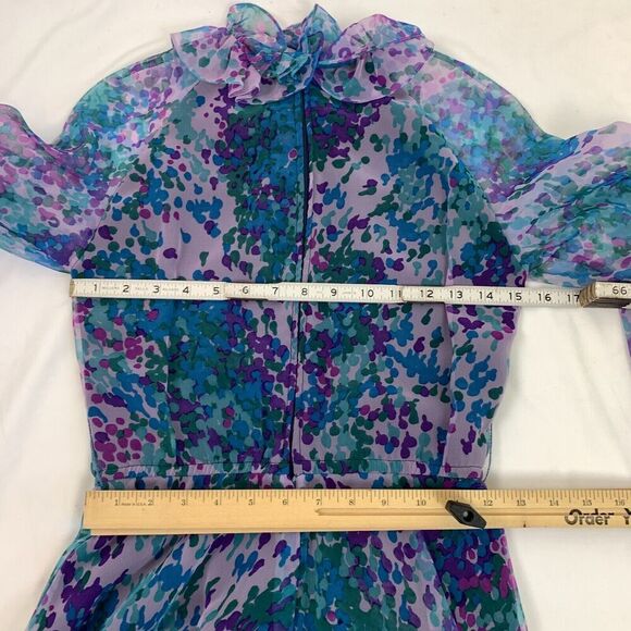 Vtg 60s Ruffle Maxi Dress M 6 8 Purple Floral Long Sleeve Modest Fairy Retro - Picture 9 of 11